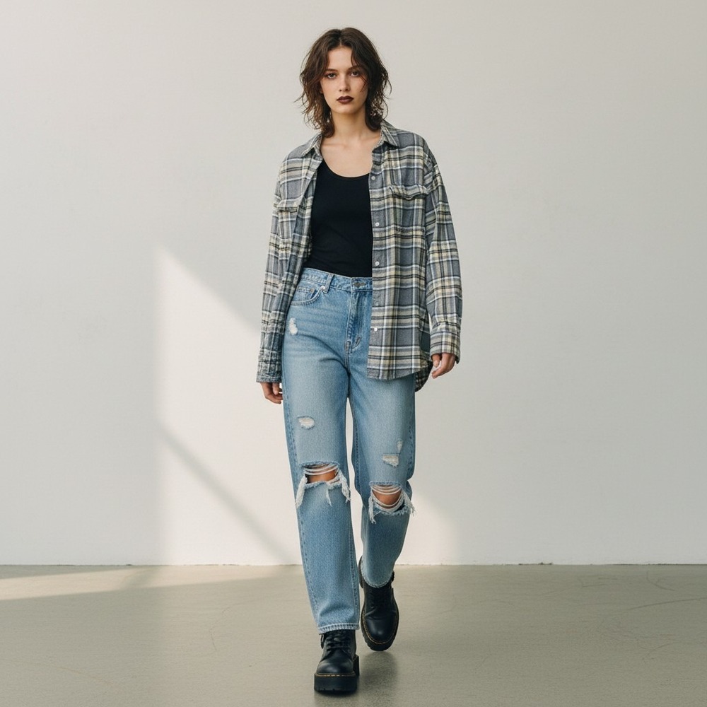 Old Navy Grey Plaid‎ Boyfriend Shirt Flannel Tunic Button Down Women's M